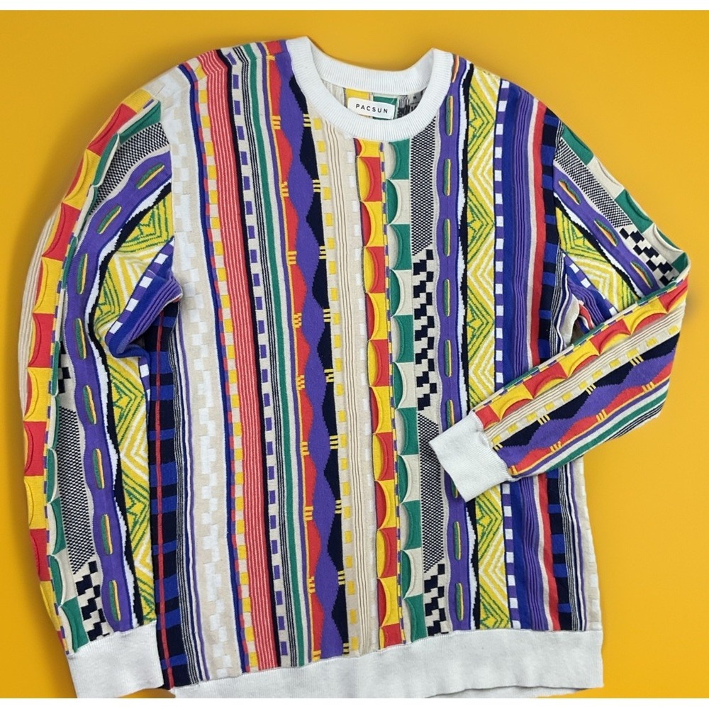Pacsun Sweater Men Sz M Colorful Bright Coogi Style Retro Crewneck Pullover Knit